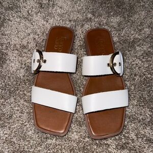 Franco Sarto White Slide Sandals with Gold Buckle